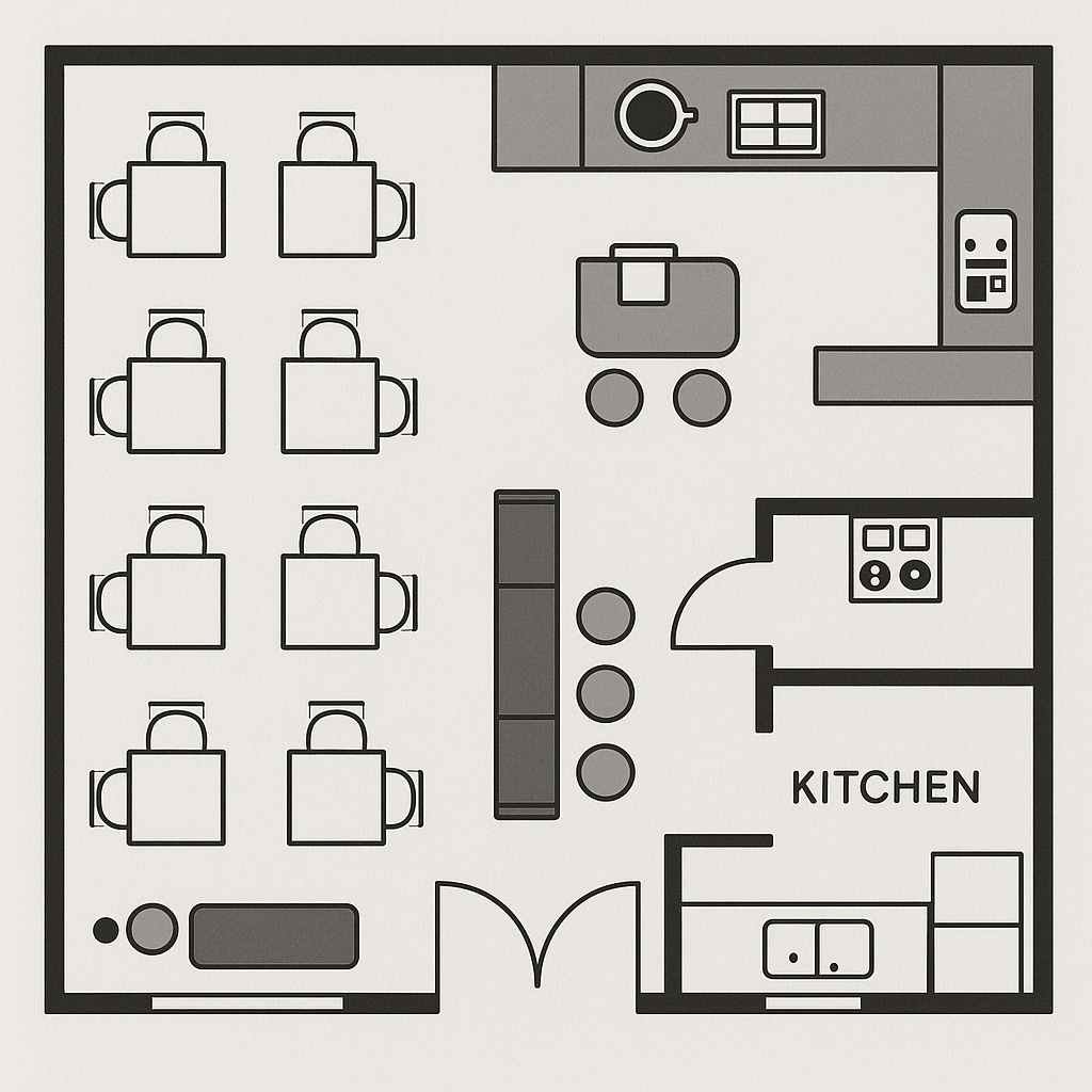 Floorplan of Writer's Block Café showing tables, counter, and entrance.